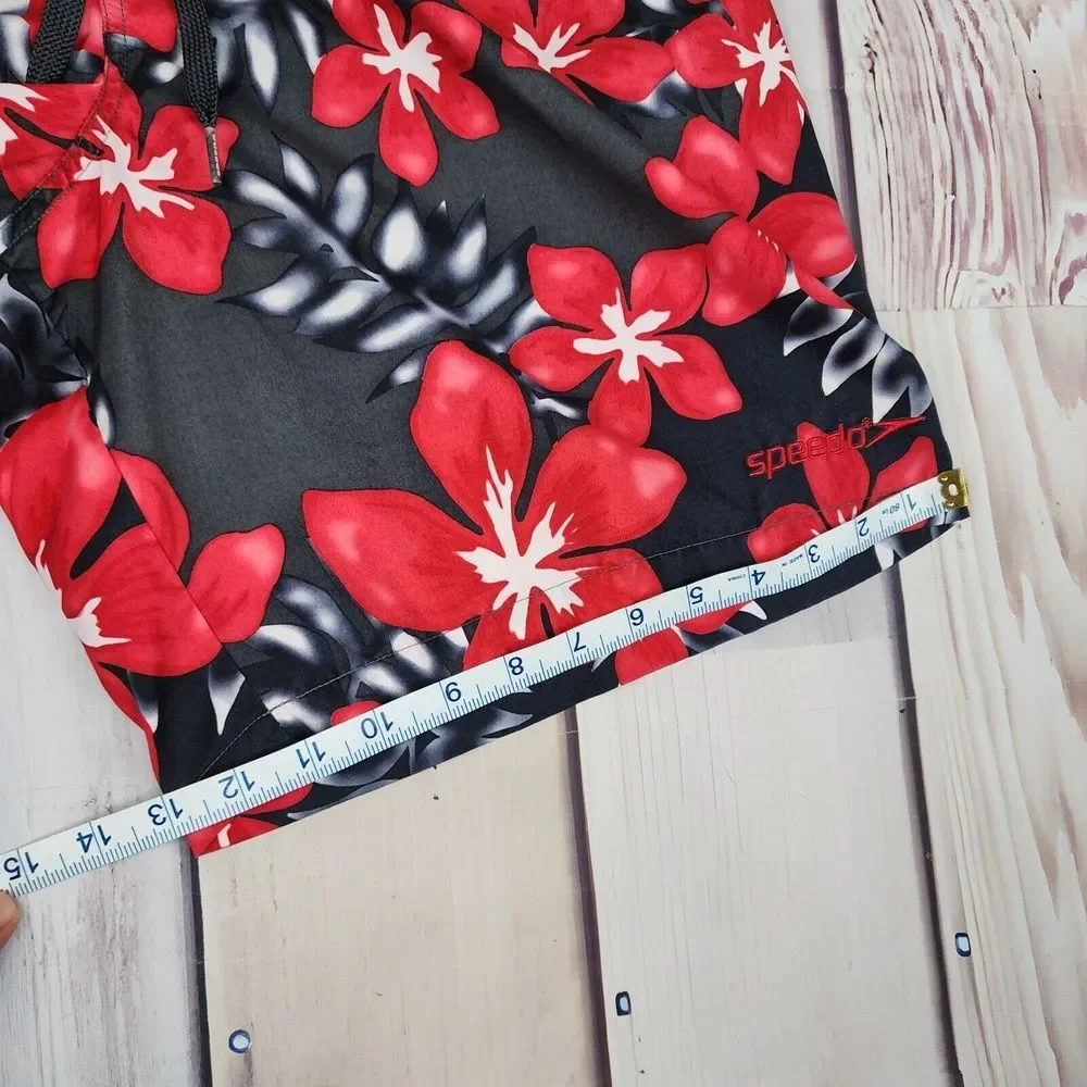 Speedo Mens M Lined Swim Trunks Black and Red Hawaiian Flower Boardshort Pockets